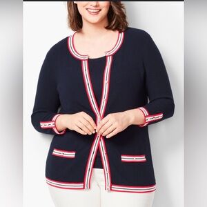 Talbots 3X Navy Cotton Knit Cardigan with Red and White Trim